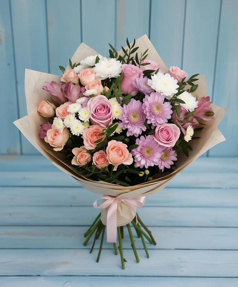 Букет цветов из: Хризантемы, Розы и Альстромерии в Колодкино