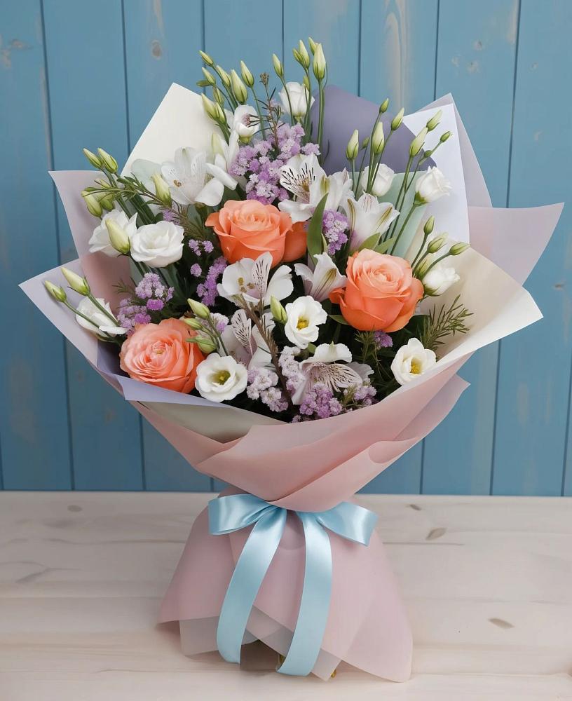 Букет цветов из: Лизиантусы, Розы, Альстромерии и Гипсофила в Колодкино