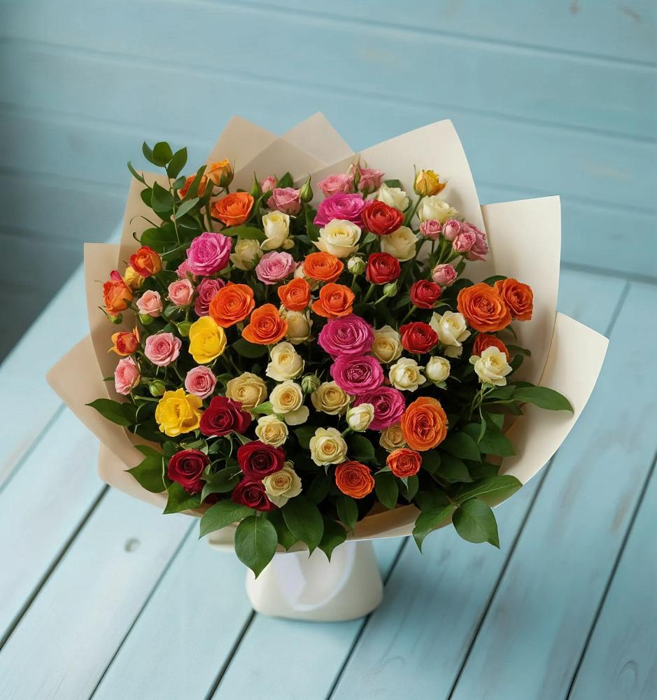 Букет Микс из разноцветных кустовых роз в Колодкино