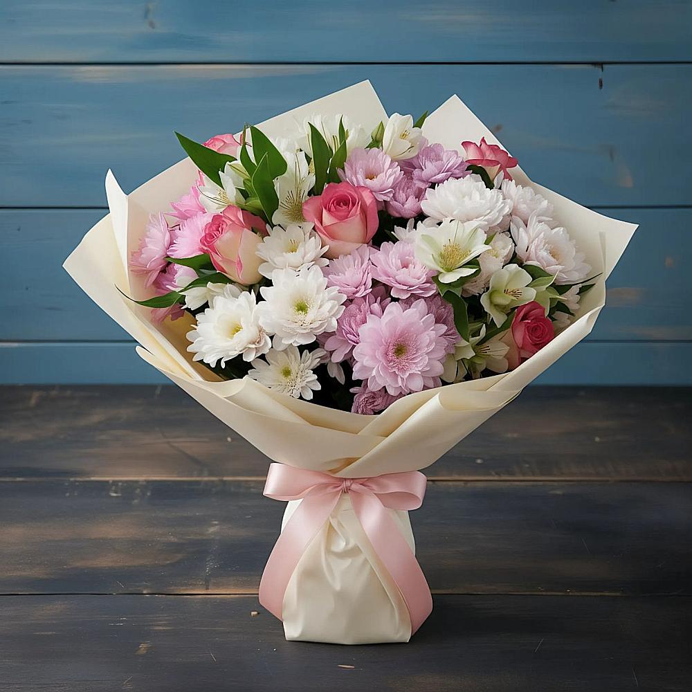 Букет цветов из: Хризантемы, Альстромерии и Розы в Колодкино